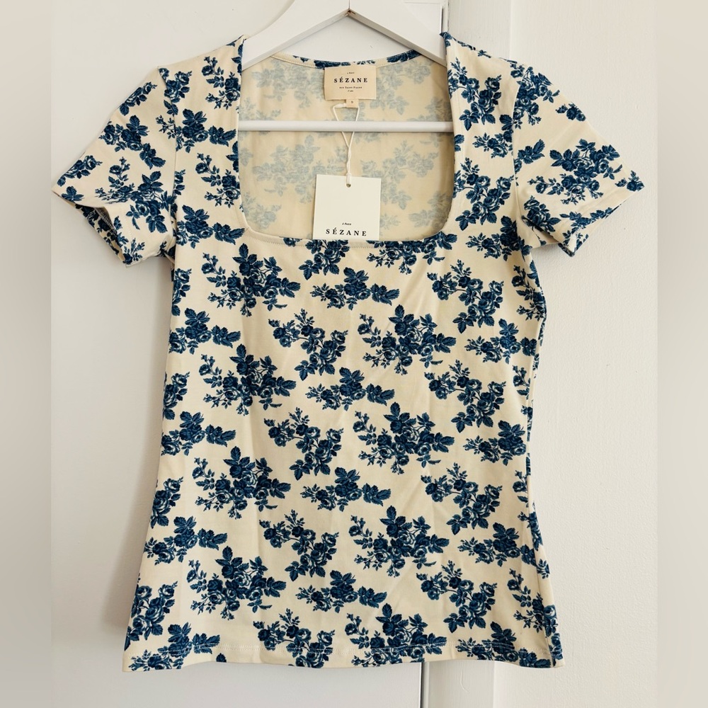 Sézane Amara T-Shirt Fiori Blue Print Size Small - Picture 4 of 6